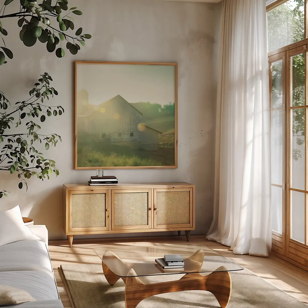 Farm Morning II Square by Sue Schlabach. Shown in a natural wood frame in a cozy modern living room. Available as an archival giclee rolled canvas, fine art paper, or poster print. SKU 27057a.