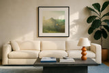 Farm Morning II Square by Sue Schlabach. Displayed in a glass frame with matte in a clean modern living room. Available as an archival giclee rolled canvas, fine art paper, or poster print. SKU 27057a.
