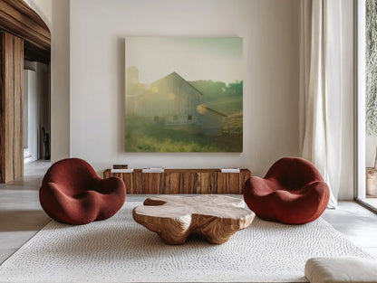 Farm Morning II Square by Sue Schlabach. Shown as extra-large giant wall art in a modern living room. Available as an archival giclee rolled canvas, fine art paper, or poster print. SKU 27057a.