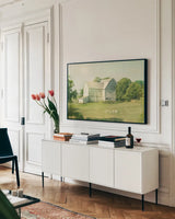 Farm Morning III by Sue Schlabach. shown as a framed stretched canvas in a living room above a console. Available as a archival giclee rolled canvas, fine art paper, or poster print. SKU 27058i.