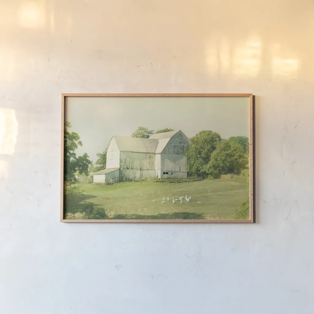 Farm Morning III by Sue Schlabach. shown as a paper print in a natural frame. Available as a archival giclee rolled canvas, fine art paper, or poster print. SKU 27058i.