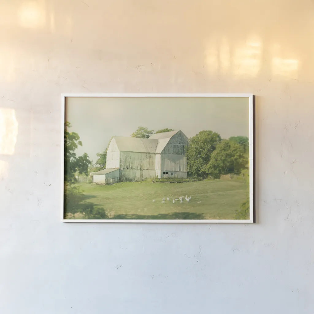 Farm Morning III by Sue Schlabach. shown as a paper print in a white frame. Available as a archival giclee rolled canvas, fine art paper, or poster print. SKU 27058i.