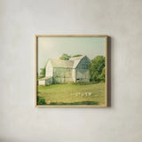 Farm Morning III Square by Sue Schlabach. Shown in a natural wood glass frame for a timeless modern aesthetic. Available as an archival giclee rolled canvas, fine art paper, or poster print. SKU 27058a.