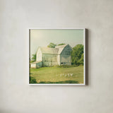 Farm Morning III Square by Sue Schlabach. Shown in a crisp white glass frame for a clean and minimalist style. Available as an archival giclee rolled canvas, fine art paper, or poster print. SKU 27058a.