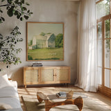 Farm Morning III Square by Sue Schlabach. Shown in a natural wood frame in a cozy modern living room. Available as an archival giclee rolled canvas, fine art paper, or poster print. SKU 27058a.