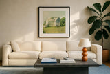 Farm Morning III Square by Sue Schlabach. Displayed in a glass frame with matte in a clean modern living room. Available as an archival giclee rolled canvas, fine art paper, or poster print. SKU 27058a.
