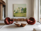 Farm Morning III Square by Sue Schlabach. Shown as extra-large giant wall art in a modern living room. Available as an archival giclee rolled canvas, fine art paper, or poster print. SKU 27058a.
