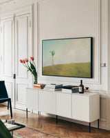 Farm Morning IV by Sue Schlabach. shown as a framed stretched canvas in a living room above a console. Available as a archival giclee rolled canvas, fine art paper, or poster print. SKU 27059i.