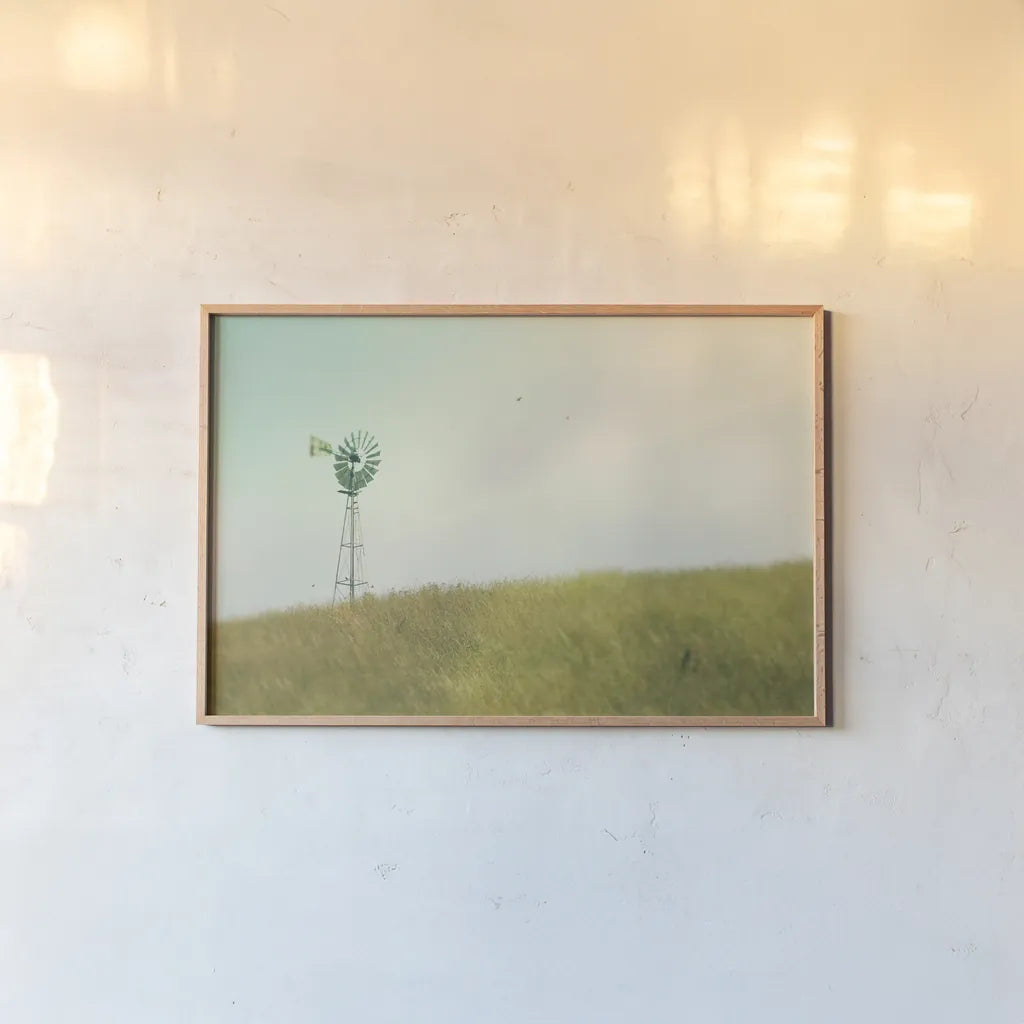 Farm Morning IV by Sue Schlabach. shown as a paper print in a natural frame. Available as a archival giclee rolled canvas, fine art paper, or poster print. SKU 27059i.