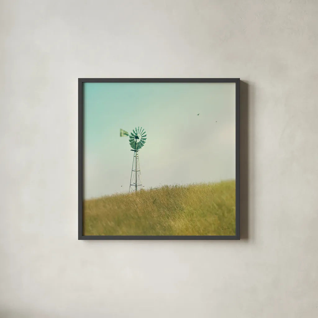 Farm Morning IV Square by Sue Schlabach. Shown in a sleek black glass frame for a contemporary gallery look. Available as an archival giclee rolled canvas, fine art paper, or poster print. SKU 27059a.