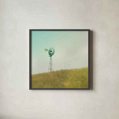 Farm Morning IV Square by Sue Schlabach. Shown in a sleek black glass frame for a contemporary gallery look. Available as an archival giclee rolled canvas, fine art paper, or poster print. SKU 27059a.