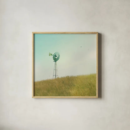 Farm Morning IV Square by Sue Schlabach. Shown in a natural wood glass frame for a timeless modern aesthetic. Available as an archival giclee rolled canvas, fine art paper, or poster print. SKU 27059a.