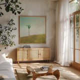 Farm Morning IV Square by Sue Schlabach. Shown in a natural wood frame in a cozy modern living room. Available as an archival giclee rolled canvas, fine art paper, or poster print. SKU 27059a.