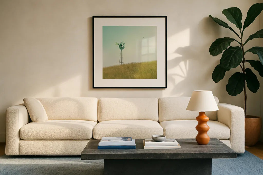 Farm Morning IV Square by Sue Schlabach. Displayed in a glass frame with matte in a clean modern living room. Available as an archival giclee rolled canvas, fine art paper, or poster print. SKU 27059a.
