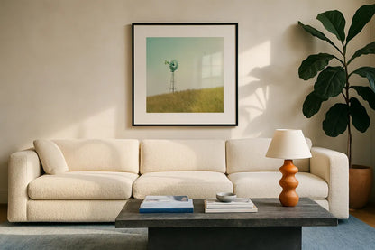 Farm Morning IV Square by Sue Schlabach. Displayed in a glass frame with matte in a clean modern living room. Available as an archival giclee rolled canvas, fine art paper, or poster print. SKU 27059a.