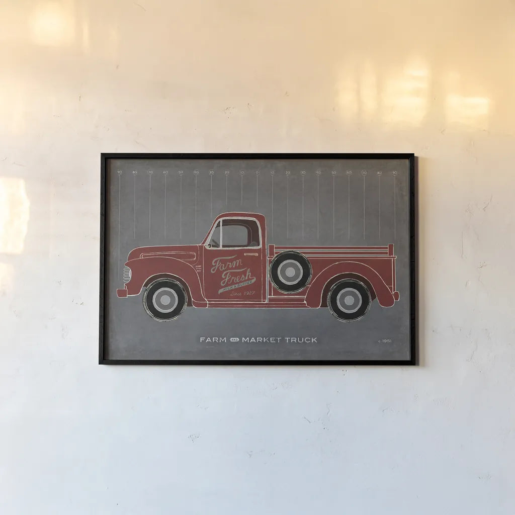 Farm Truck by Sue Schlabach. shown as a paper print in a black flame. Available as a archival giclee rolled canvas, fine art paper, or poster print. SKU 51516i.