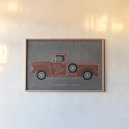 Farm Truck by Sue Schlabach. shown as a paper print in a natural frame. Available as a archival giclee rolled canvas, fine art paper, or poster print. SKU 51516i.