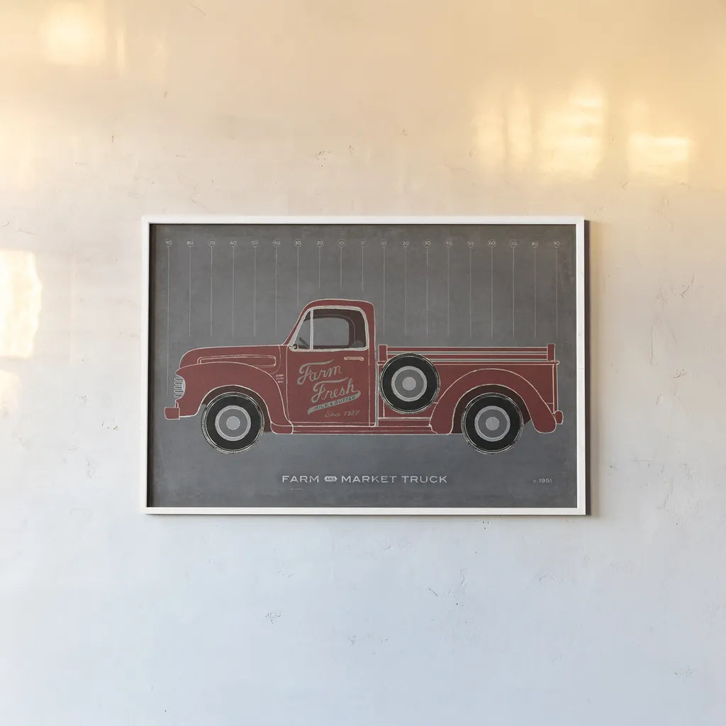 Farm Truck by Sue Schlabach. shown as a paper print in a white frame. Available as a archival giclee rolled canvas, fine art paper, or poster print. SKU 51516i.