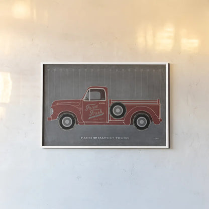 Farm Truck by Sue Schlabach. shown as a paper print in a white frame. Available as a archival giclee rolled canvas, fine art paper, or poster print. SKU 51516i.