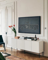 Farm Truck Blueprint by Sue Schlabach. shown as a framed stretched canvas in a living room above a console. Available as a archival giclee rolled canvas, fine art paper, or poster print. SKU 51517i.