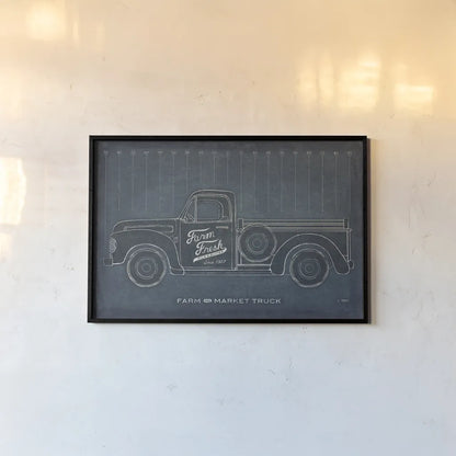 Farm Truck Blueprint by Sue Schlabach. shown as a paper print in a black flame. Available as a archival giclee rolled canvas, fine art paper, or poster print. SKU 51517i.
