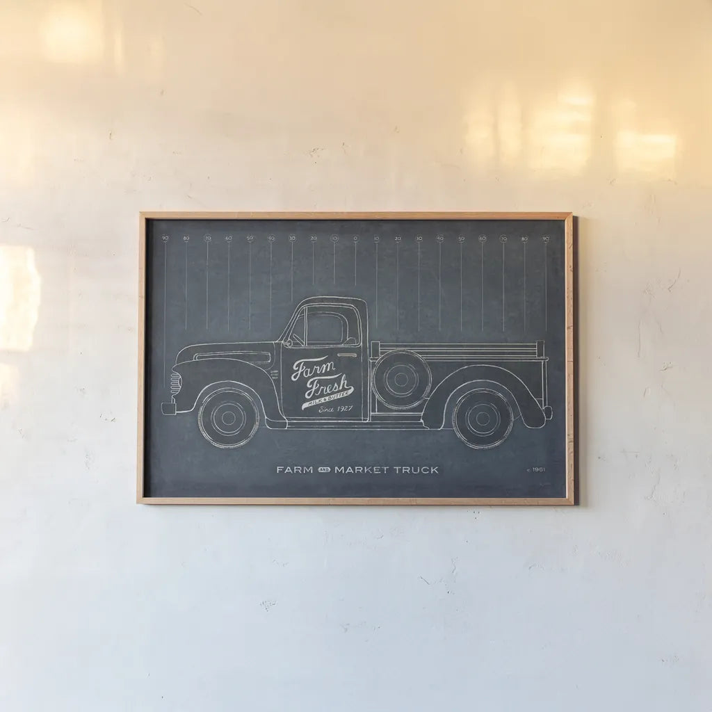 Farm Truck Blueprint by Sue Schlabach. shown as a paper print in a natural frame. Available as a archival giclee rolled canvas, fine art paper, or poster print. SKU 51517i.