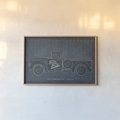 Farm Truck Blueprint by Sue Schlabach. shown as a paper print in a natural frame. Available as a archival giclee rolled canvas, fine art paper, or poster print. SKU 51517i.