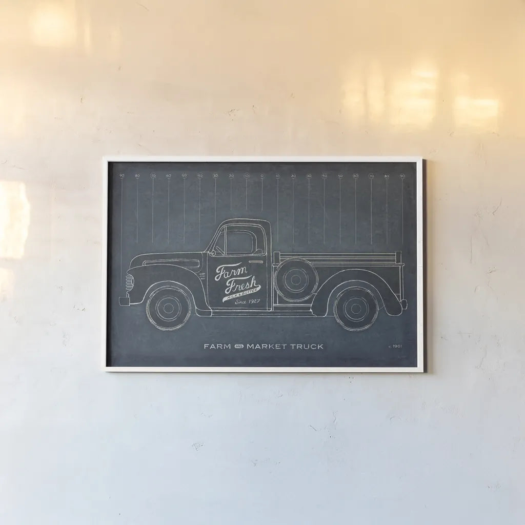 Farm Truck Blueprint by Sue Schlabach. shown as a paper print in a white frame. Available as a archival giclee rolled canvas, fine art paper, or poster print. SKU 51517i.