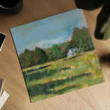 Farmhouse Across the Meadow by Sue Schlabach. Shown as a detailed flat fine art print, highlighting archival giclee quality. Available as an archival giclee rolled canvas, fine art paper, or poster print. SKU 82695a.