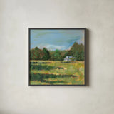 Farmhouse Across the Meadow by Sue Schlabach. Shown in a sleek black glass frame for a contemporary gallery look. Available as an archival giclee rolled canvas, fine art paper, or poster print. SKU 82695a.