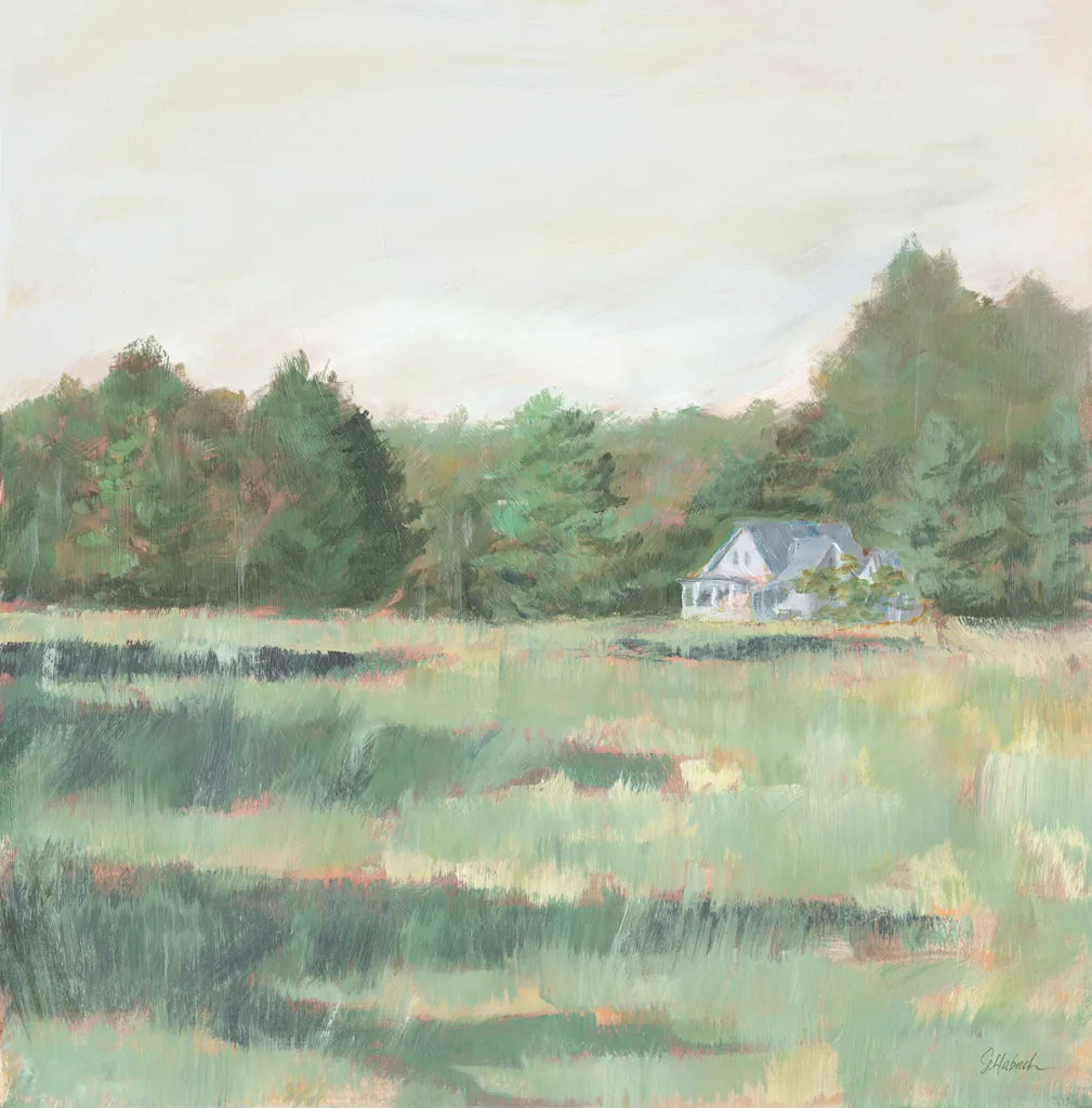 Farmhouse Across the Meadow Pastel by Sue Schlabach. SKU 88117a. Archival Giclee Fine art print for wall decor.