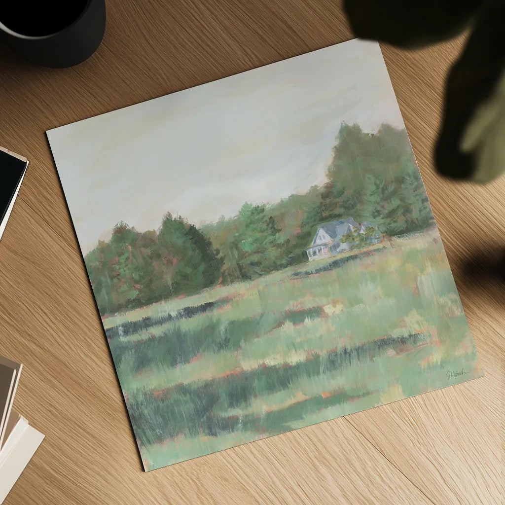 Farmhouse Across the Meadow Pastel by Sue Schlabach. Shown as a detailed flat fine art print, highlighting archival giclee quality. Available as an archival giclee rolled canvas, fine art paper, or poster print. SKU 88117a.