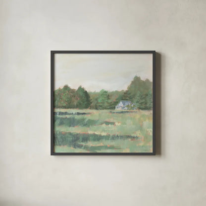 Farmhouse Across the Meadow Pastel by Sue Schlabach. Shown in a sleek black glass frame for a contemporary gallery look. Available as an archival giclee rolled canvas, fine art paper, or poster print. SKU 88117a.