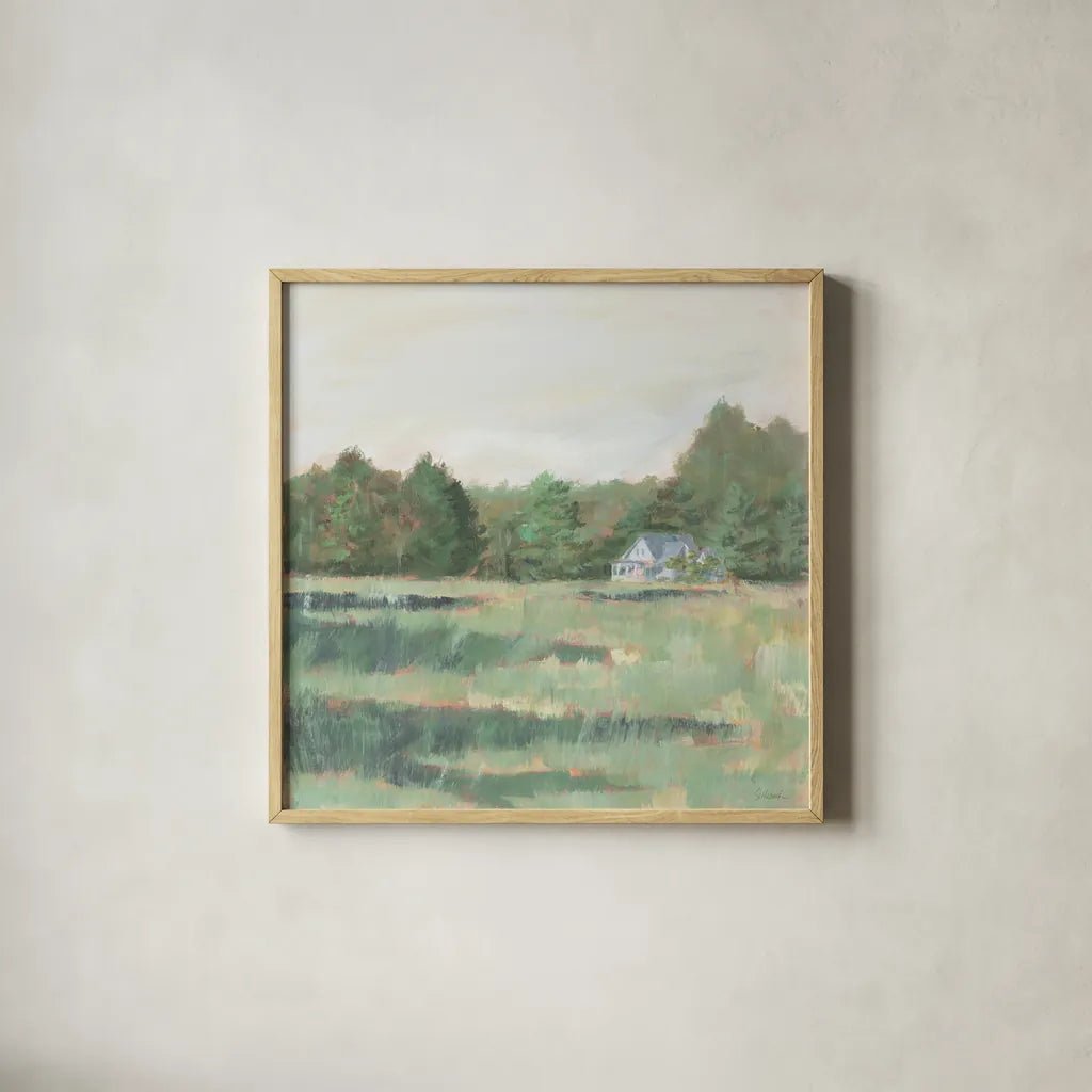 Farmhouse Across the Meadow Pastel by Sue Schlabach. Shown in a natural wood glass frame for a timeless modern aesthetic. Available as an archival giclee rolled canvas, fine art paper, or poster print. SKU 88117a.