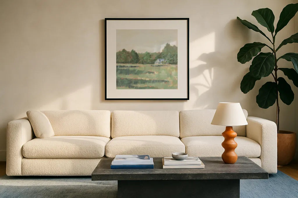 Farmhouse Across the Meadow Pastel by Sue Schlabach. Displayed in a glass frame with matte in a clean modern living room. Available as an archival giclee rolled canvas, fine art paper, or poster print. SKU 88117a.