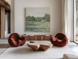 Farmhouse Across the Meadow Pastel by Sue Schlabach. Shown as extra-large giant wall art in a modern living room. Available as an archival giclee rolled canvas, fine art paper, or poster print. SKU 88117a.
