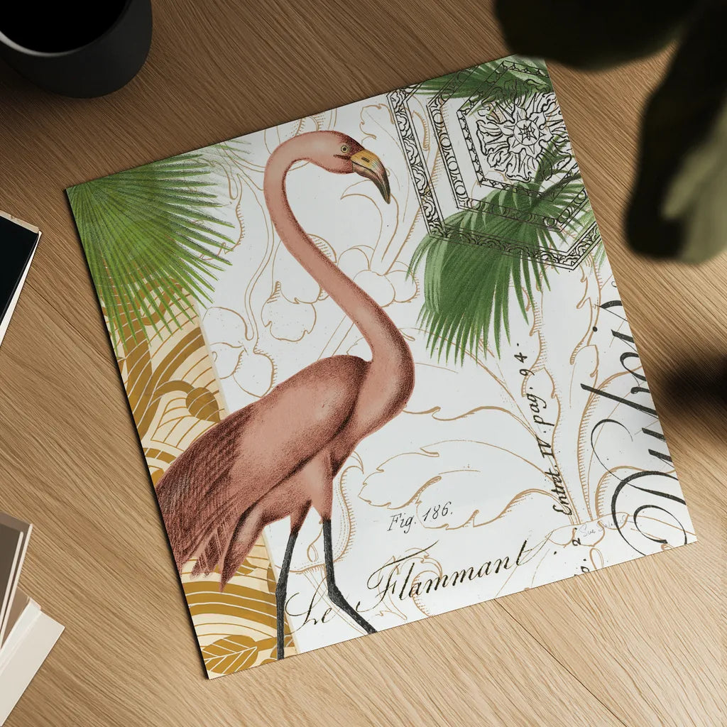 Flamingo Curiosity I by Sue Schlabach. Shown as a detailed flat fine art print, highlighting archival giclee quality. Available as an archival giclee rolled canvas, fine art paper, or poster print. SKU 13427a.