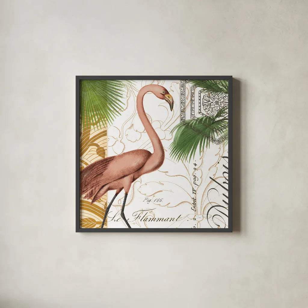 Flamingo Curiosity I by Sue Schlabach. Shown in a sleek black glass frame for a contemporary gallery look. Available as an archival giclee rolled canvas, fine art paper, or poster print. SKU 13427a.