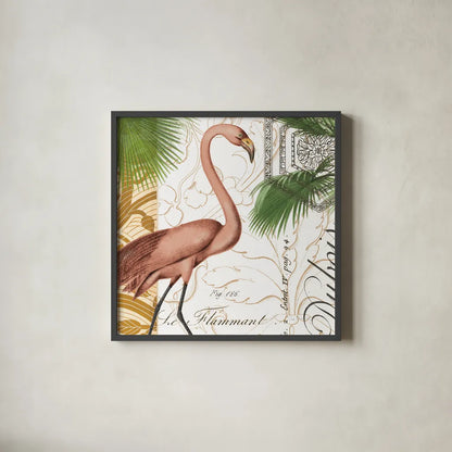 Flamingo Curiosity I by Sue Schlabach. Shown in a sleek black glass frame for a contemporary gallery look. Available as an archival giclee rolled canvas, fine art paper, or poster print. SKU 13427a.