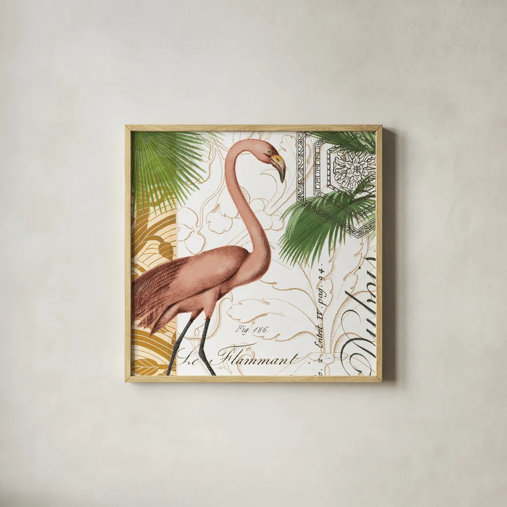 Flamingo Curiosity I by Sue Schlabach. Shown in a natural wood glass frame for a timeless modern aesthetic. Available as an archival giclee rolled canvas, fine art paper, or poster print. SKU 13427a.