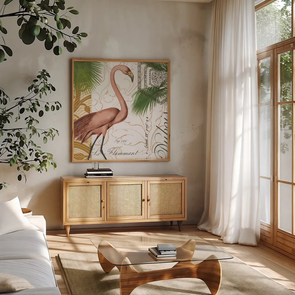 Flamingo Curiosity I by Sue Schlabach. Shown in a natural wood frame in a cozy modern living room. Available as an archival giclee rolled canvas, fine art paper, or poster print. SKU 13427a.