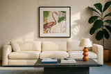 Flamingo Curiosity I by Sue Schlabach. Displayed in a glass frame with matte in a clean modern living room. Available as an archival giclee rolled canvas, fine art paper, or poster print. SKU 13427a.