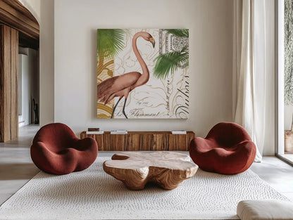 Flamingo Curiosity I by Sue Schlabach. Shown as extra-large giant wall art in a modern living room. Available as an archival giclee rolled canvas, fine art paper, or poster print. SKU 13427a.
