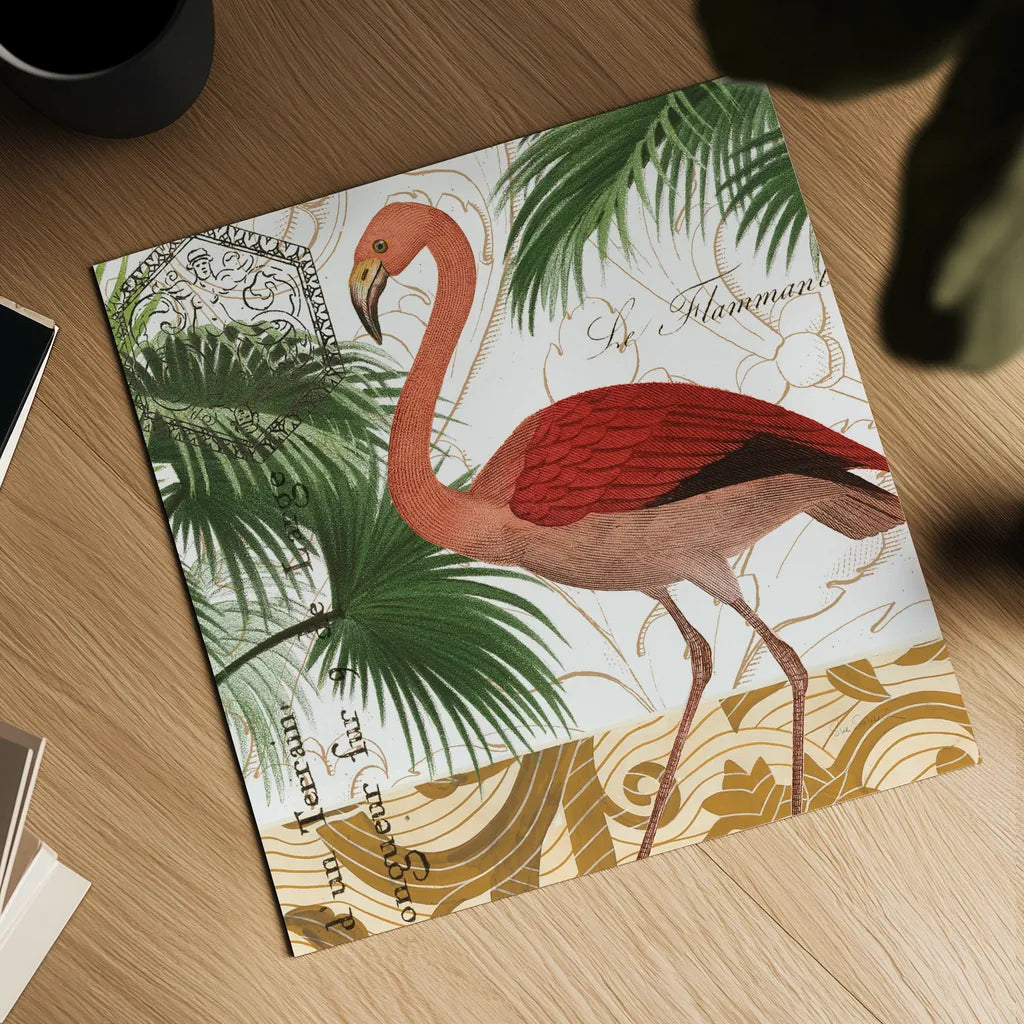 Flamingo Curiosity II by Sue Schlabach. Shown as a detailed flat fine art print, highlighting archival giclee quality. Available as an archival giclee rolled canvas, fine art paper, or poster print. SKU 13428a.