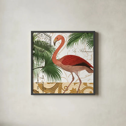 Flamingo Curiosity II by Sue Schlabach. Shown in a sleek black glass frame for a contemporary gallery look. Available as an archival giclee rolled canvas, fine art paper, or poster print. SKU 13428a.