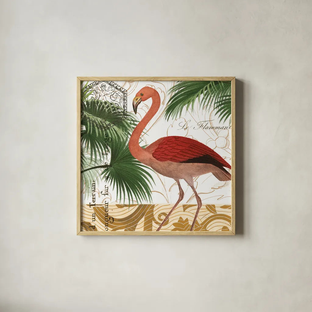 Flamingo Curiosity II by Sue Schlabach. Shown in a natural wood glass frame for a timeless modern aesthetic. Available as an archival giclee rolled canvas, fine art paper, or poster print. SKU 13428a.
