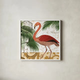 Flamingo Curiosity II by Sue Schlabach. Shown in a crisp white glass frame for a clean and minimalist style. Available as an archival giclee rolled canvas, fine art paper, or poster print. SKU 13428a.