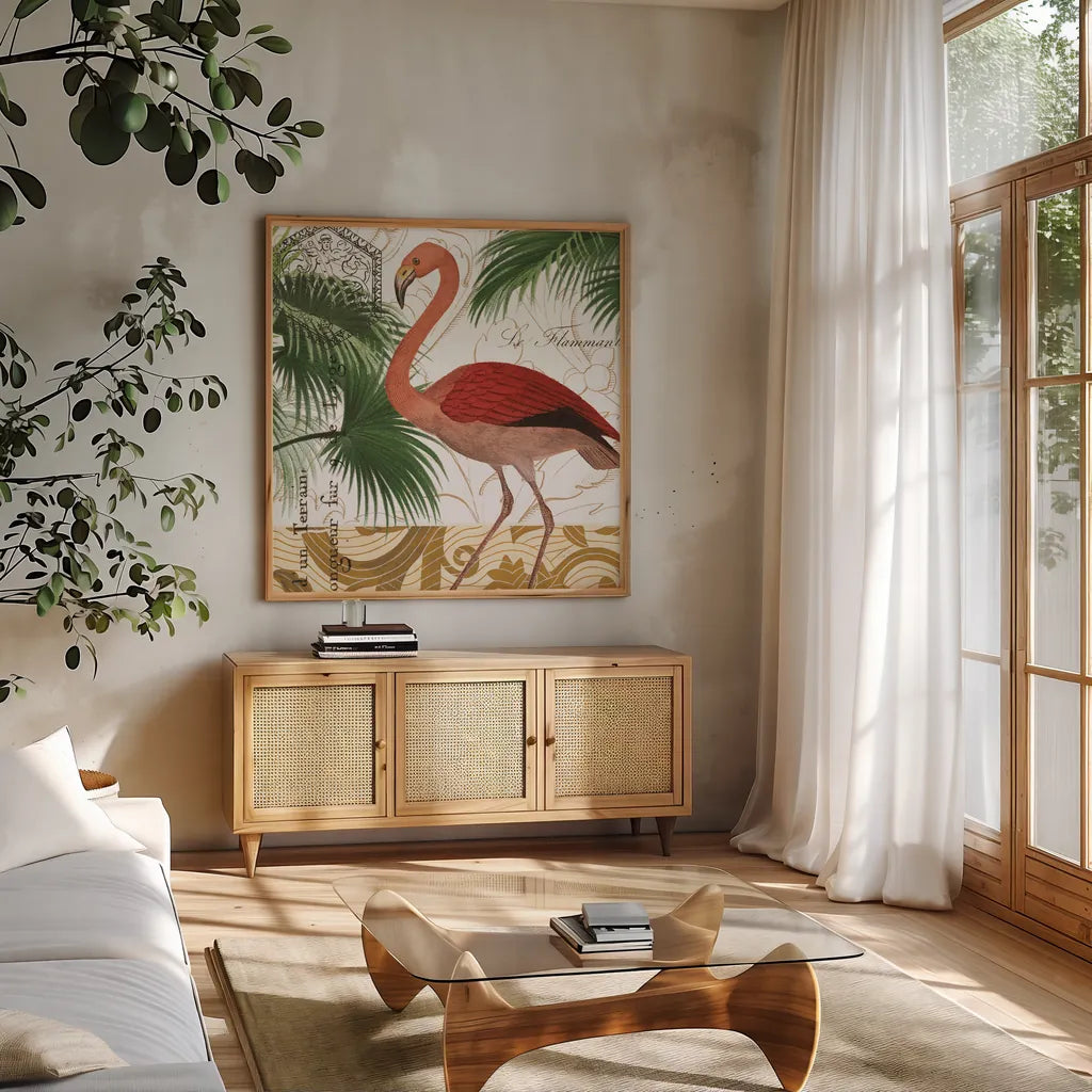 Flamingo Curiosity II by Sue Schlabach. Shown in a natural wood frame in a cozy modern living room. Available as an archival giclee rolled canvas, fine art paper, or poster print. SKU 13428a.