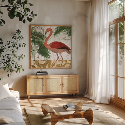 Flamingo Curiosity II by Sue Schlabach. Shown in a natural wood frame in a cozy modern living room. Available as an archival giclee rolled canvas, fine art paper, or poster print. SKU 13428a.