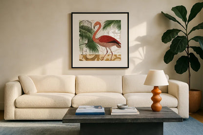 Flamingo Curiosity II by Sue Schlabach. Displayed in a glass frame with matte in a clean modern living room. Available as an archival giclee rolled canvas, fine art paper, or poster print. SKU 13428a.